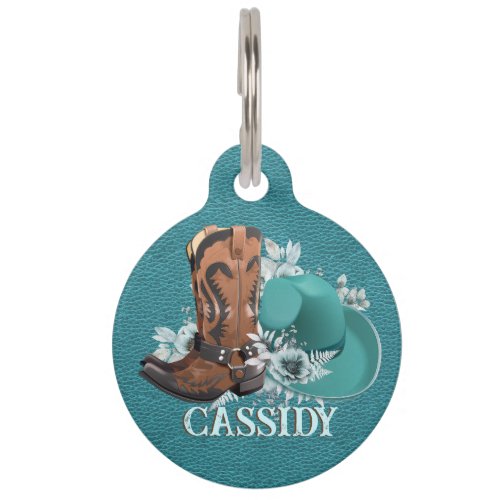 Cowgirl cowboy boots hat turquoise leather name pet ID tag