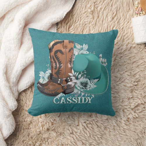 Cowgirl cowboy boots hat turquoise leather name throw pillow
