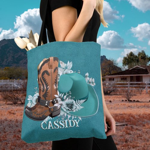 Cowgirl cowboy boots hat turquoise leather name tote bag