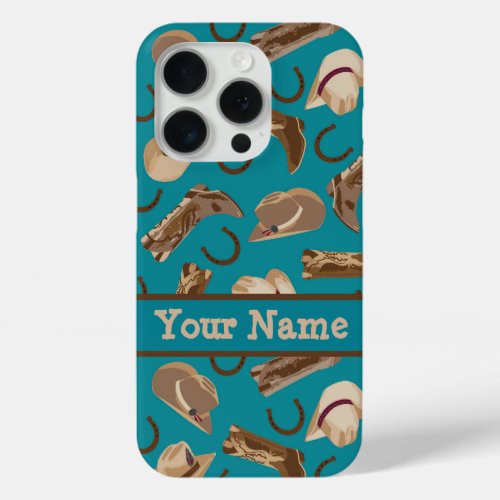 Cowgirl Cowboy Hat Boots Teal Name Personalized Ca iPhone 15 Pro Case