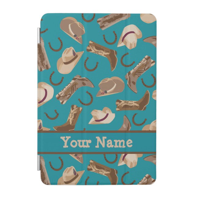 Cowgirl Cowboy Hat Boots Teal Name Personalized iPad Mini Cover (Front)