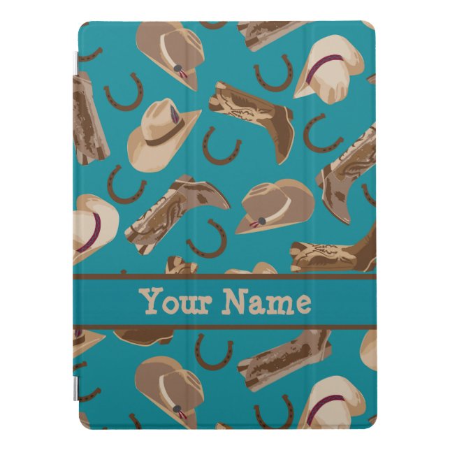 Cowgirl Cowboy Hat Boots Teal Name Personalized iPad Pro Cover (Front)