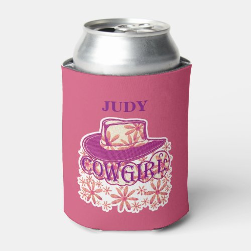 Cowgirl Cowboy Hat Flowers PinkName Judy Can Cooler