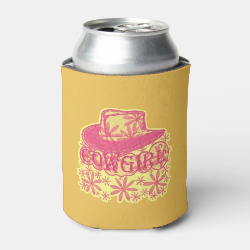 Cowgirl Cowboy Hat Flowers PinkYellow Can Cooler