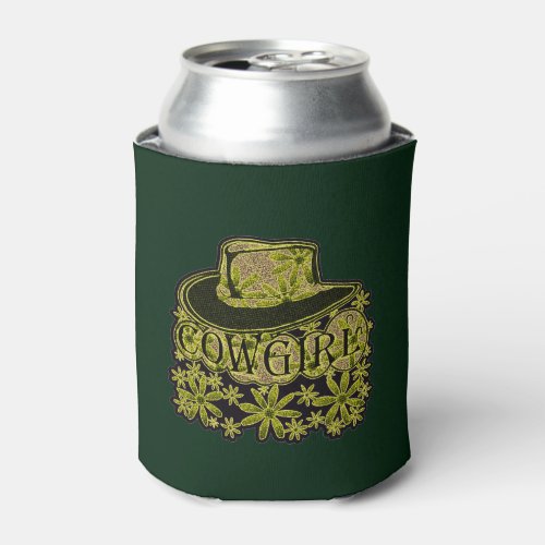 Cowgirl Cowboy Hat Flowers YellowGreen Can Cooler