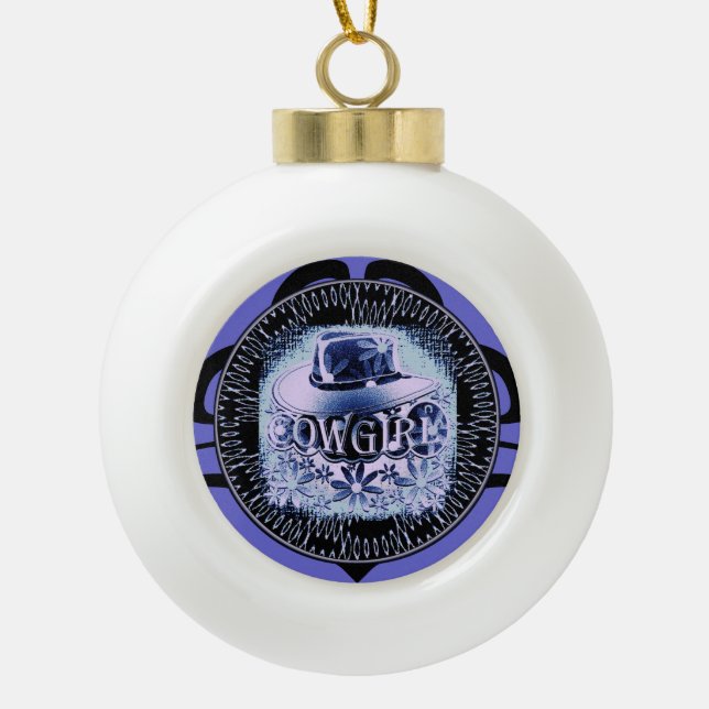 Cowgirl Cowboy Hat Purple Ceramic Ball Christmas Ornament (Front)