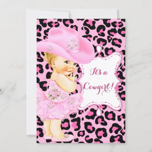 Cowgirl Cute Baby Shower Pink Leopard Girl Blonde Invitation