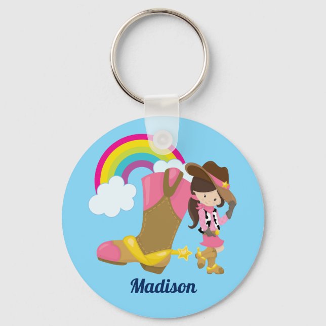 Cowgirl Cute Kids Rainbow Blue Monogram Girls Keychain (Front)