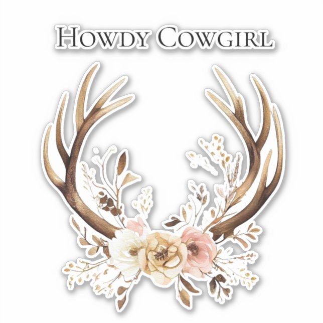 Cowgirl Deer Antlers Floral Howdy Sticker (Front)