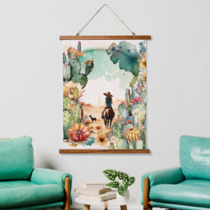 Cowgirl desert ride watercolor cactus western hanging tapestry