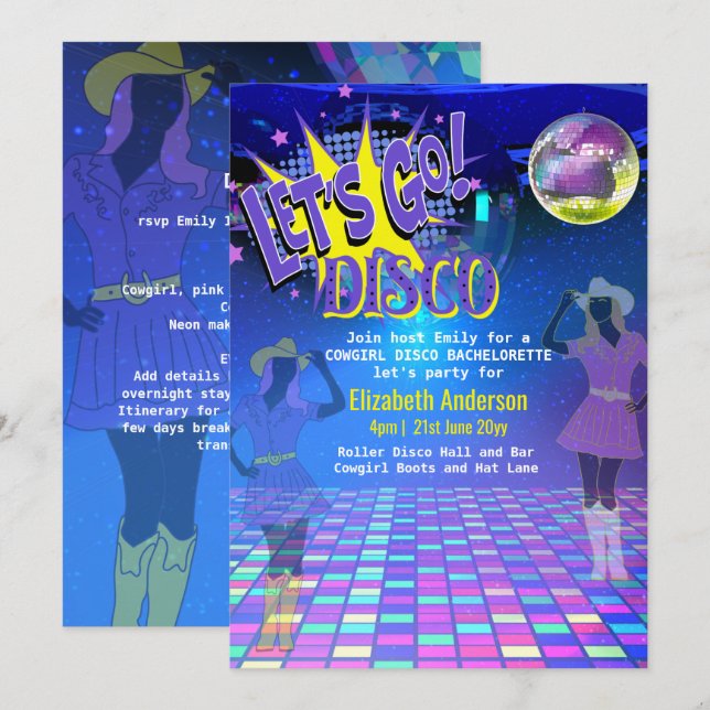 Cowgirl Disco Bachelorette Lets Go Last Ride Rodeo Invitation (Front/Back)