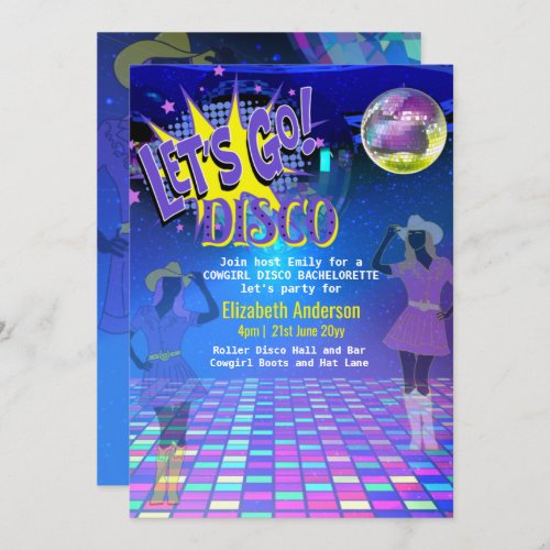 Cowgirl Disco Bachelorette Lets Go Last Ride Rodeo Invitation