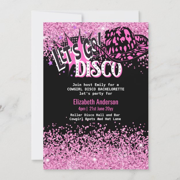 COWGIRL DISCO BACHELORETTE Pink Black Glitter Invitation
