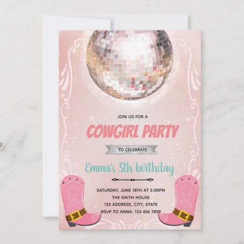 Cowgirl disco dance theme party invitation