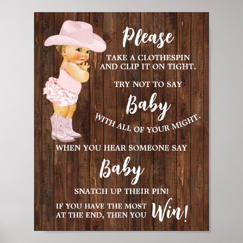 Cowgirl Dont say Baby Clothespin Baby Shower Game Poster