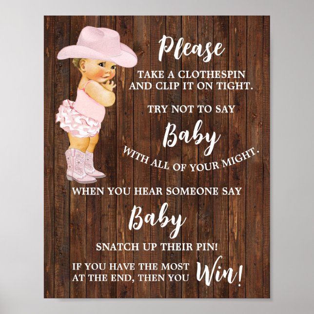 Cowgirl Don't say Baby Clothespin Baby Shower Game Poster (Front)