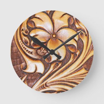 Cowgirl Fashion Western Country Floral Leather Round Clock by WhenWestMeetEast at Zazzle