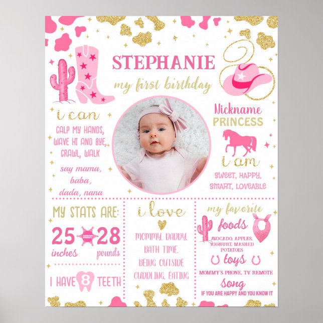 Cowgirl First Birthday Milestone sign (1074) (Front)