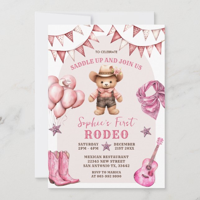 Cowgirl First Rodeo Balloons Birthday Invitation (Front)