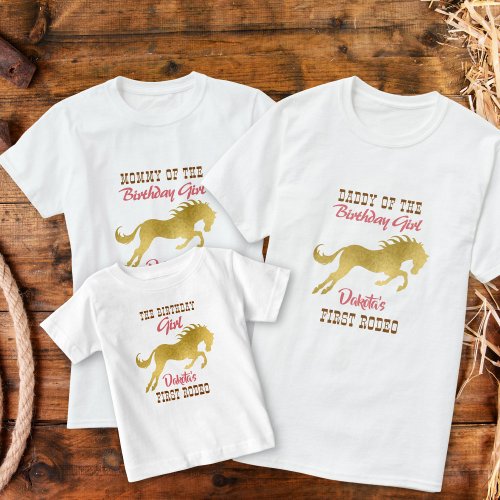 Cowgirl first rodeo gold horse birthday matching T_Shirt