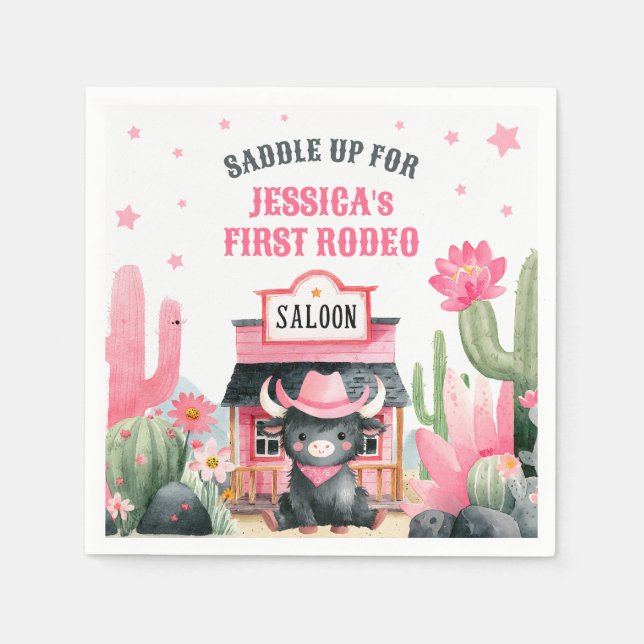 Cowgirl First Rodeo Highland Cow Birthday Party  Napkins (Front)