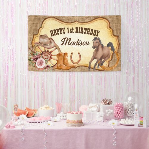 Cowgirl first rodeo horses themed birthday party  banner