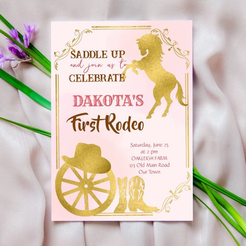 Cowgirl first rodeo pink and gold birthday invite