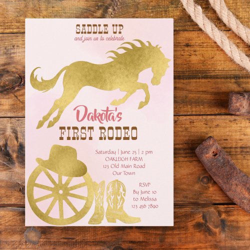 Cowgirl first rodeo pink and gold birthday invite