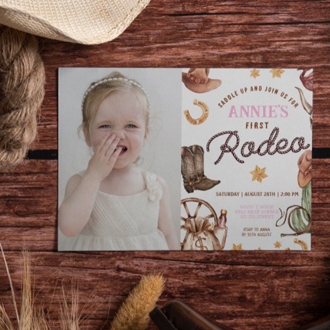 Cowgirl Girl's First Rodeo Photo Birthday Photo Invitation (Cowgirl baby girl 1st rodeo wild west digital download template with photo easy to edit instant cute)