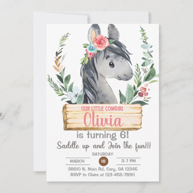 Cowgirl, gray horse, riding, girl birthday, invite (Front)