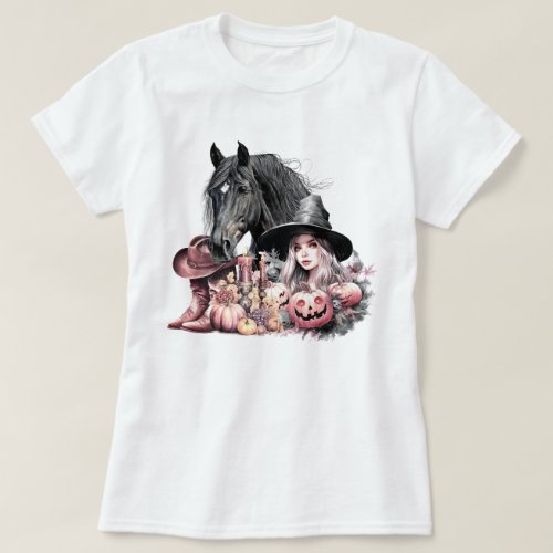 Cowgirl Halloween horse pink black girly T_Shirt