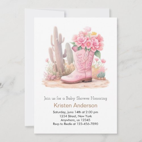 Cowgirl Hat and Boots Watercolor Baby Shower Invitation