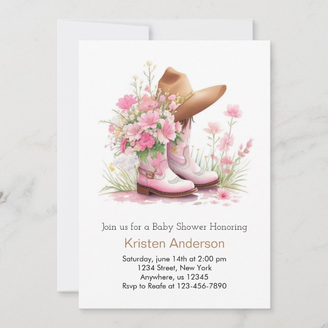 Cowgirl Hat and Boots Watercolor Baby Shower Invitation (Front)