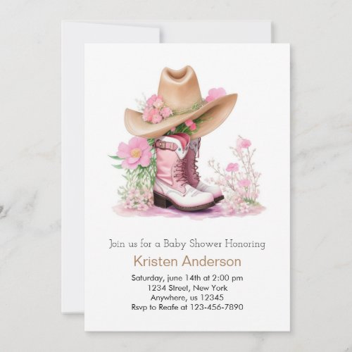 Cowgirl Hat and Boots Watercolor Dream Baby Shower Invitation