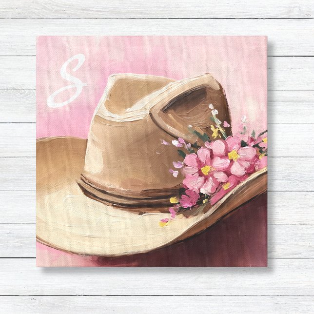Cowgirl Hat Canvas with Pink Wildflowers Monogram Print (Taupe Cowgirl Hat with Pink Wildflowers Monogram Script Letter Canvas Art for Girls Room Decor)