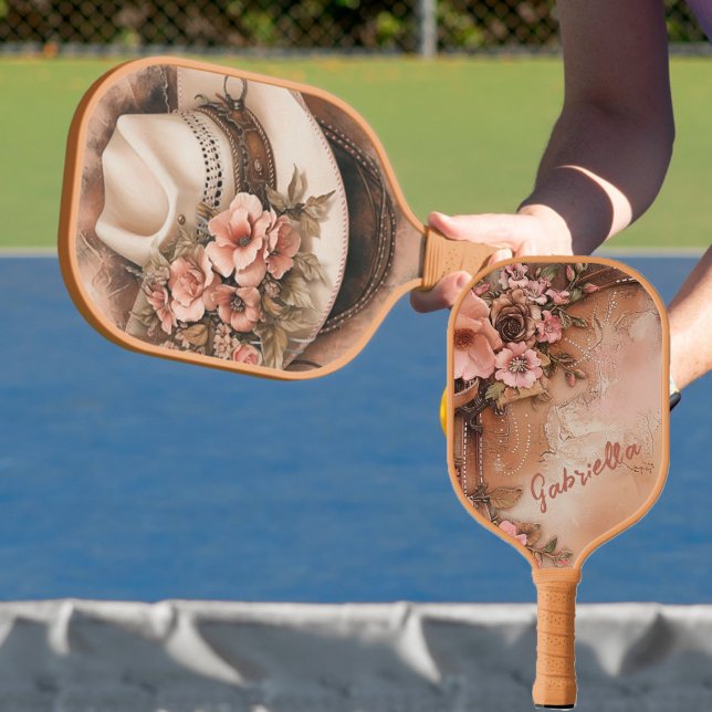 Cowgirl Hat Peach Flowers Personalized Carbon Fiber Pickleball Paddle (Creator Uploaded)