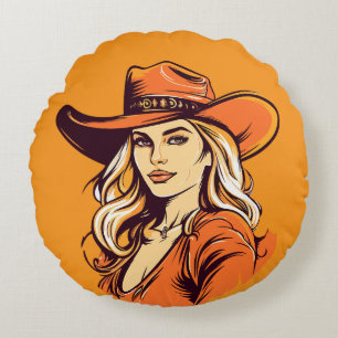 Cowgirl Hat Woman Illustration Round Pillow