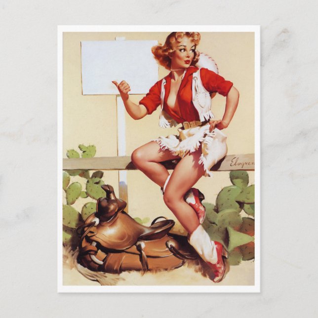 Cowgirl Hitch a Ride Pin Up Postcard (Front)