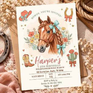 Cowgirl Horse 5th Birthday Wildflower bow Party Invitation