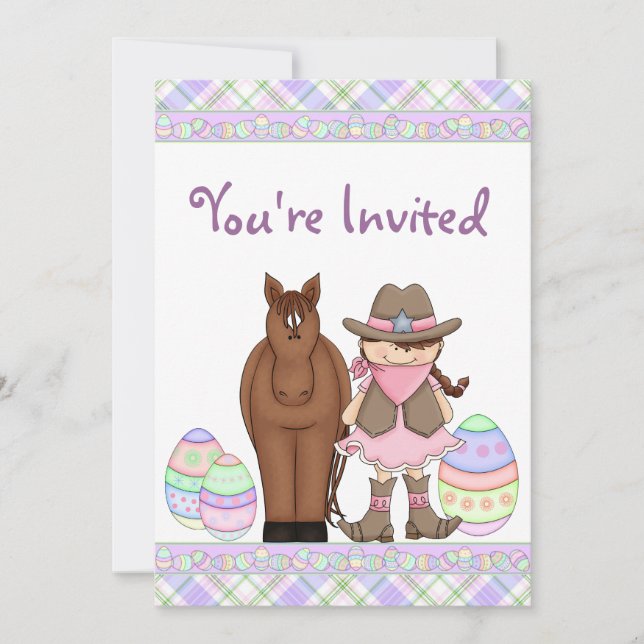 Cowgirl, Horse and Easter Eggs Birthday Invitation (Front)