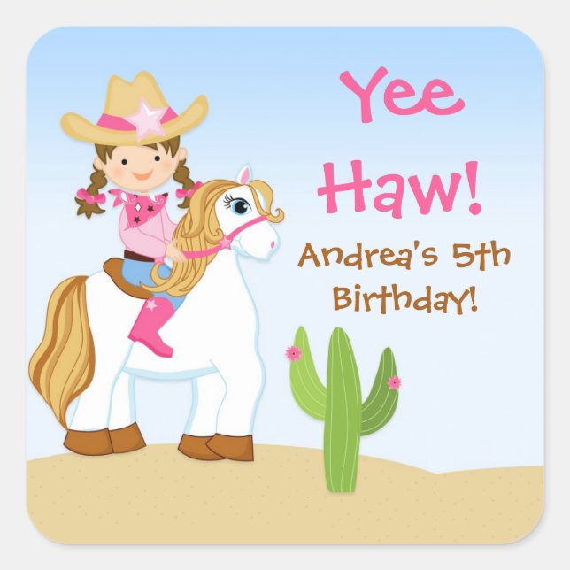 Cowgirl Horse Birthday Party Favor Sticker (Front)