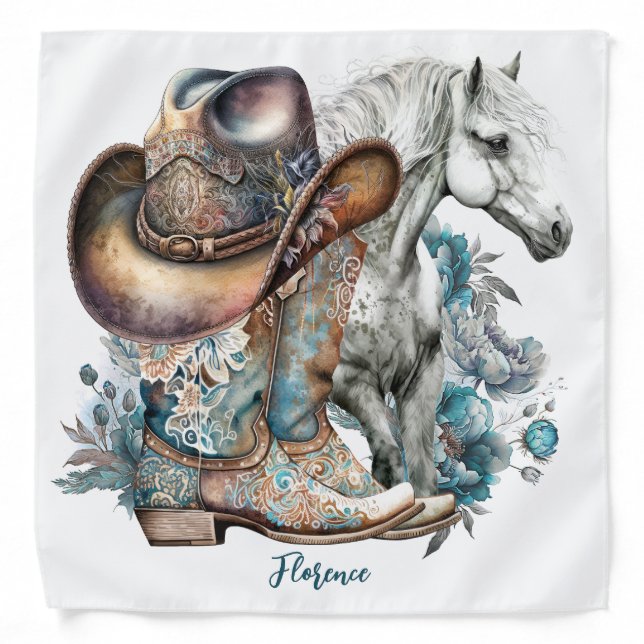 Cowgirl horse cowboy boots hat floral western  bandana (Front)