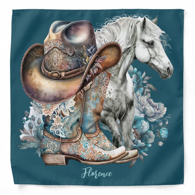 Cowgirl horse cowboy boots hat floral western  bandana (Front)