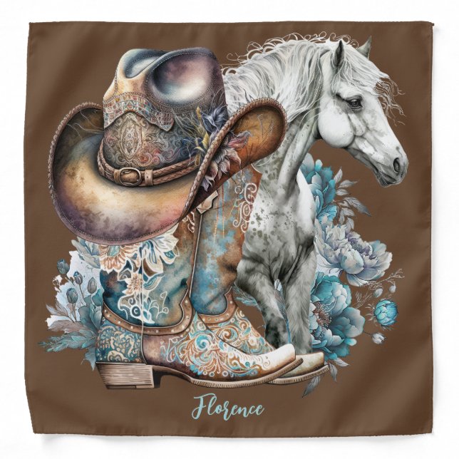 Cowgirl horse cowboy boots hat floral western  bandana (Front)
