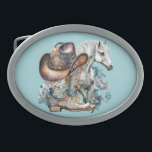 Cowgirl horse cowboy boots hat floral western  belt buckle<br><div class="desc">Cowgirl,  horse lover design with cowboy boots,  cowboy hat,  a beautiful horse,  turquoise flowers and personalized name or any text. Western,  country design.</div>