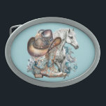 Cowgirl horse cowboy boots hat floral western  belt buckle<br><div class="desc">Cowgirl,  horse lover design with cowboy boots,  cowboy hat,  a beautiful horse,  turquoise flowers and personalized name or any text. Western,  country design.</div>