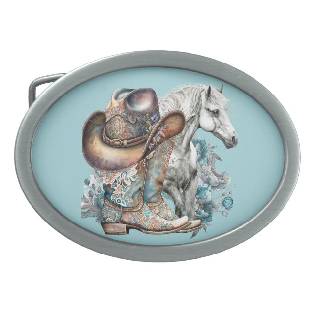 Cowgirl horse cowboy boots hat floral western  belt buckle (Front)