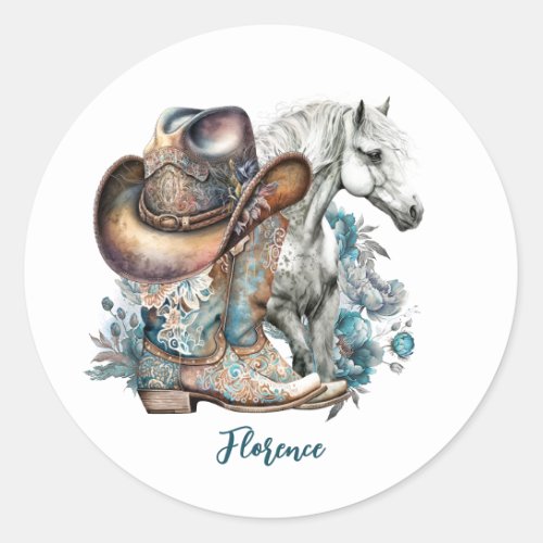 Cowgirl horse cowboy boots hat floral western  classic round sticker