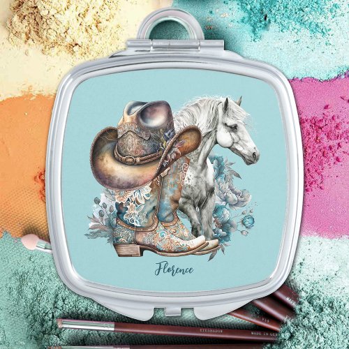 Cowgirl horse cowboy boots hat floral western  compact mirror