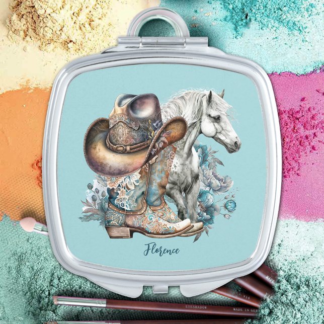 Cowgirl horse cowboy boots hat floral western  compact mirror (Personalized cowgirl compact mirror with cowboy hat, cowboy boots, horse, turquoise flowers.)
